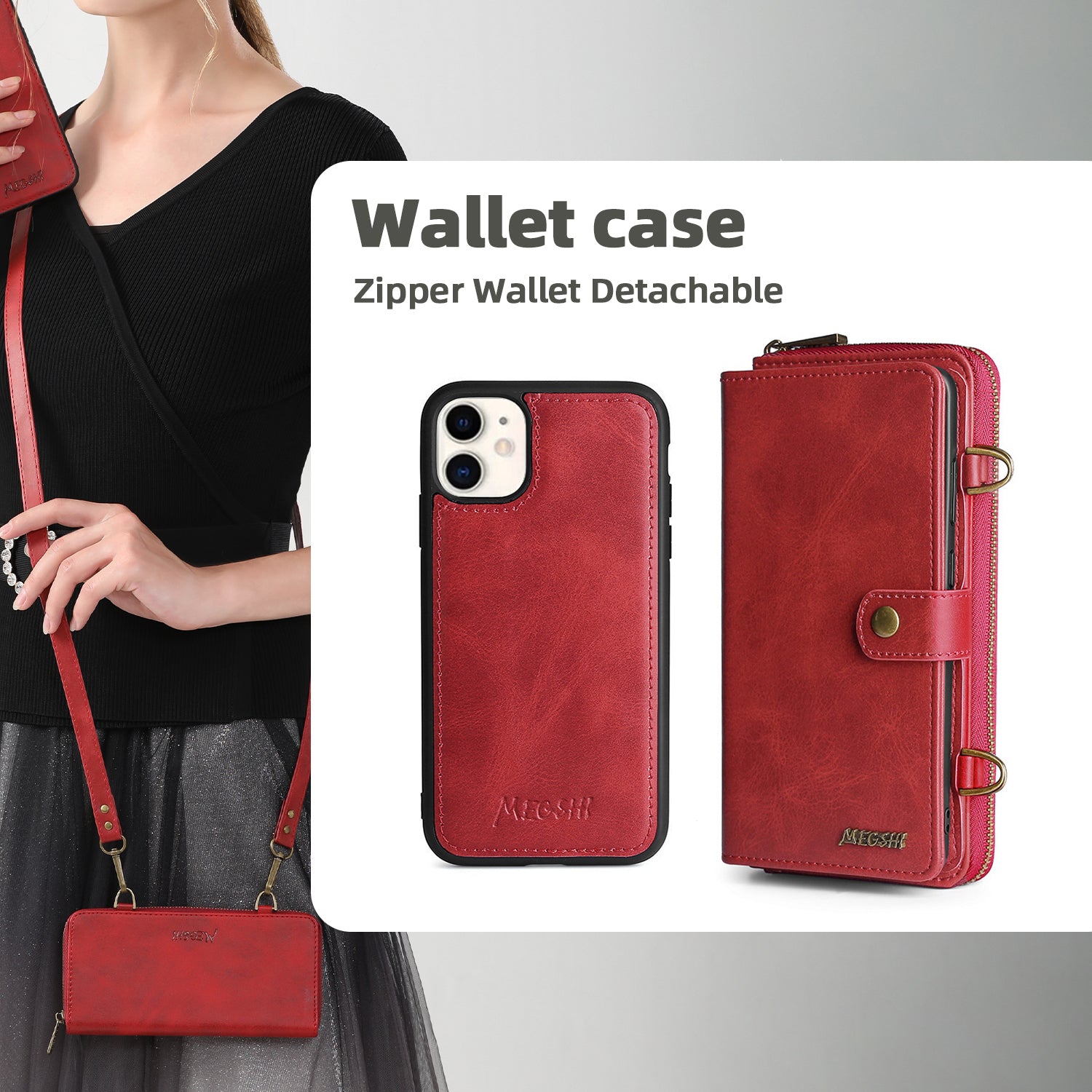 MEGSHI 020 Series for iPhone 12 mini 5.4 inch PU Leather Stand Cover Detachable 2-in-1 Wallet Case with Shoulder Strap MEGSHI 020 Series for iPhone 12 mini 5.4 inch PU Leather Stand Cover Detachable 2-in-1 Wallet Case with Shoulder Strap